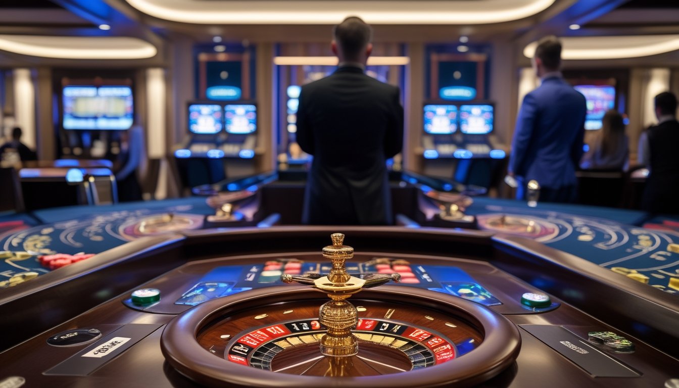Meja roulette dengan roda permainan, dealer, pemain, dan terminal roulette otomatis dalam suasana kasino modern.