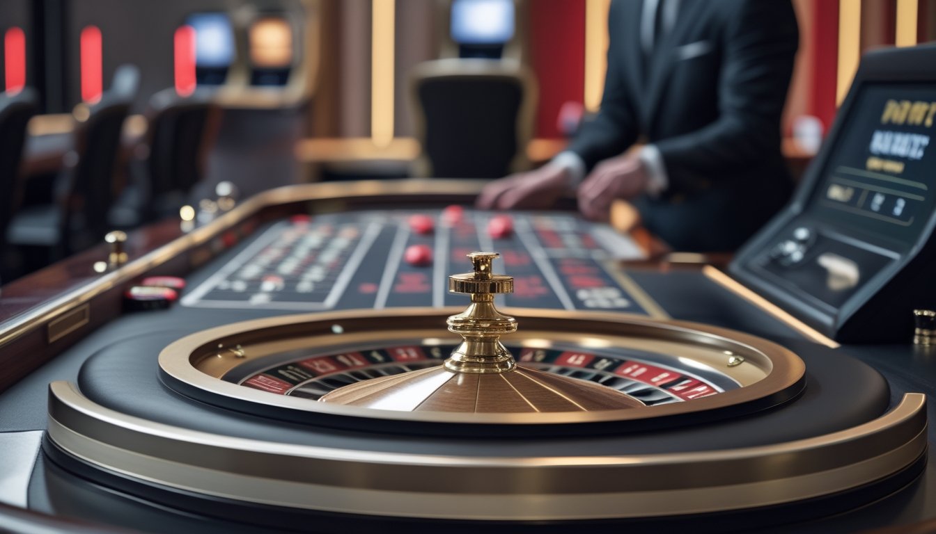 Meja roulette dengan dealer dan roda permainan langsung di depan, serta stasiun roulette otomatis di latar belakang.