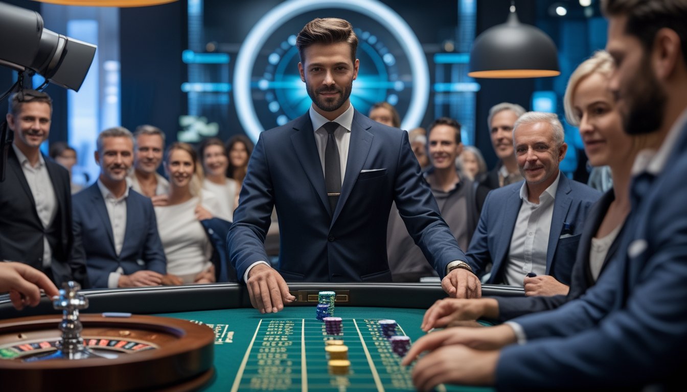 Dealer memutar roda roulette cepat di studio kasino modern dengan pemain yang menyaksikan.