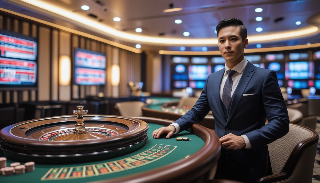 Dealer memutar roda roulette di studio kasino modern dengan kamera siaran dan keping taruhan.