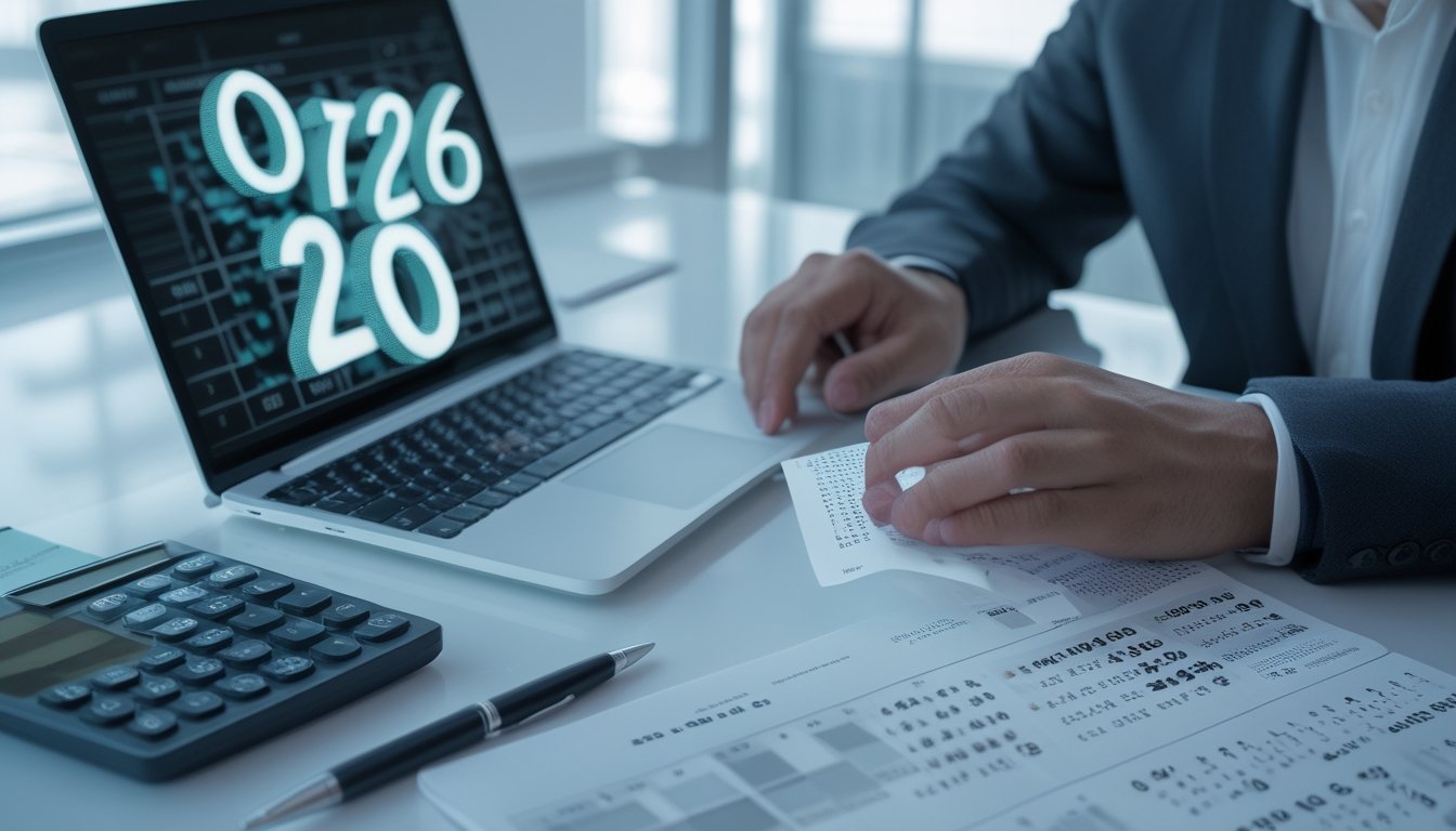 Tangan seorang analis meninjau data dan bentuk tiga dimensi di meja kerja modern.