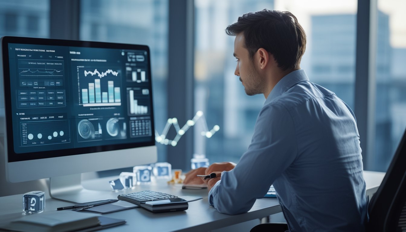 Seorang analis mempelajari grafik probabilitas dan bentuk angka 3D di meja kerja.