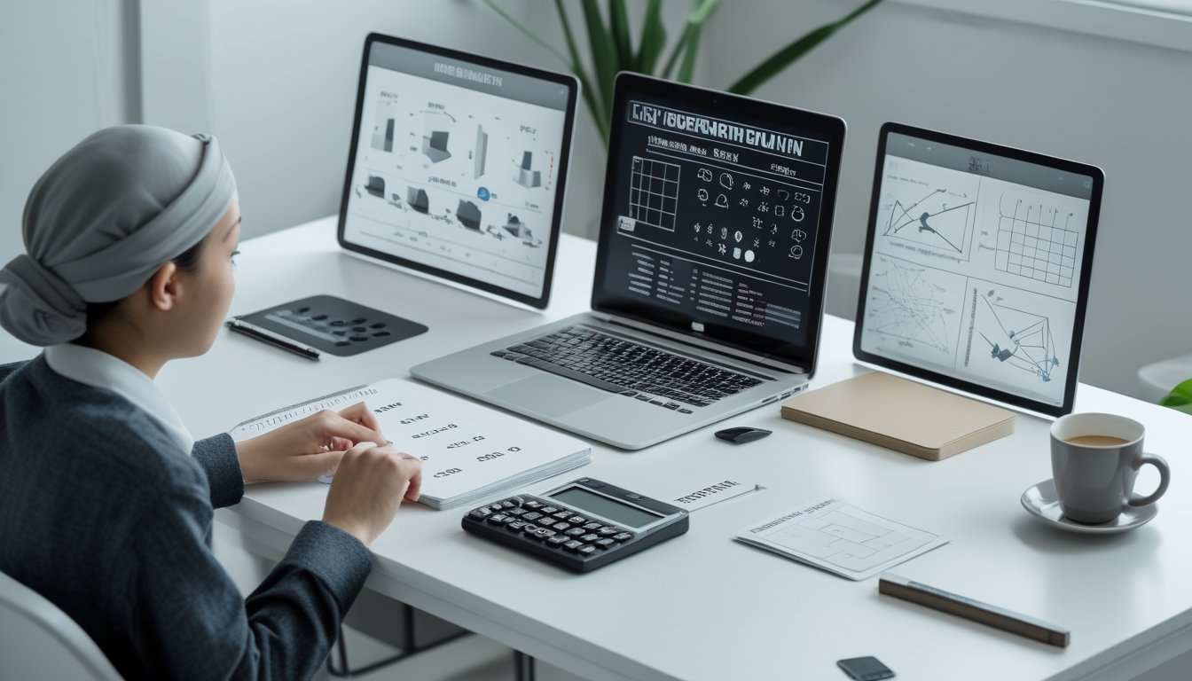 Seorang pemula mempelajari pola angka tiga digit menggunakan kalkulator, catatan, dan grafik di meja kerja.