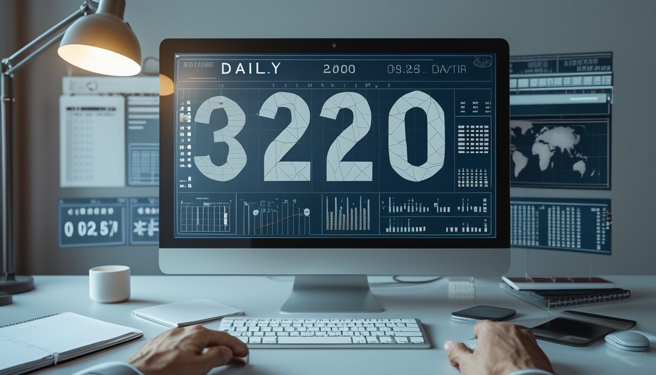 Seorang analis meninjau pola angka tiga dimensi dan grafik data di meja kerja modern.