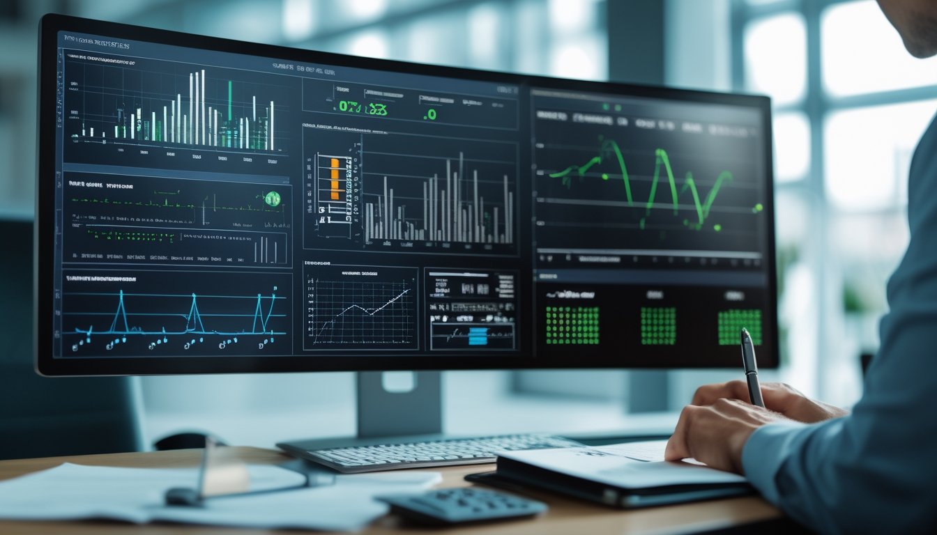 Seorang analis memeriksa grafik dan data angka di ruang kerja modern.