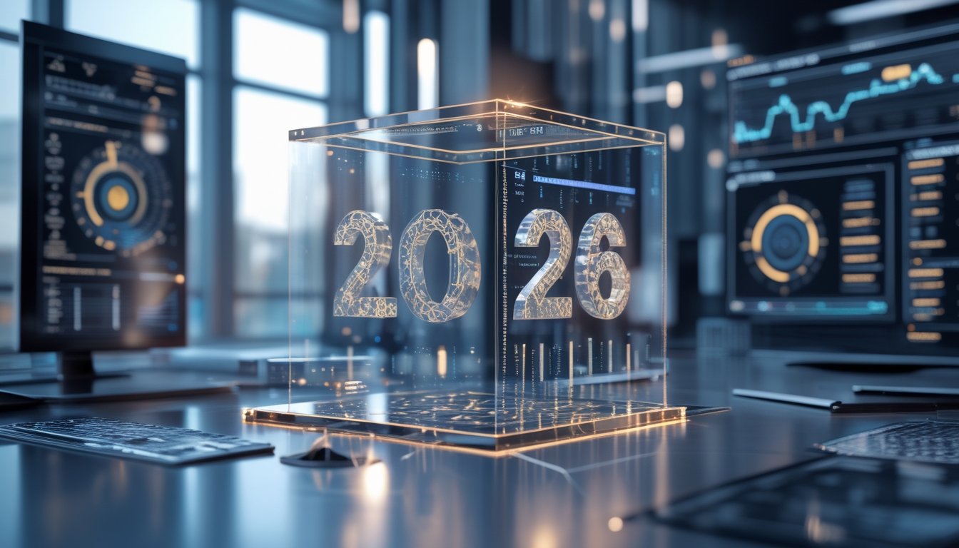 Visualisasi holografik tiga dimensi dengan pola data dan cahaya futuristik di ruang kerja modern.