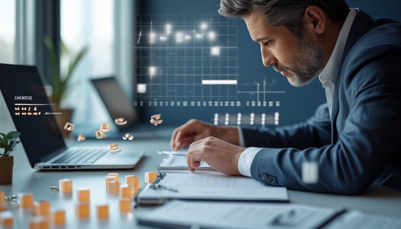 Seorang analis memeriksa pola angka dan grafik abstrak di meja kerja modern.