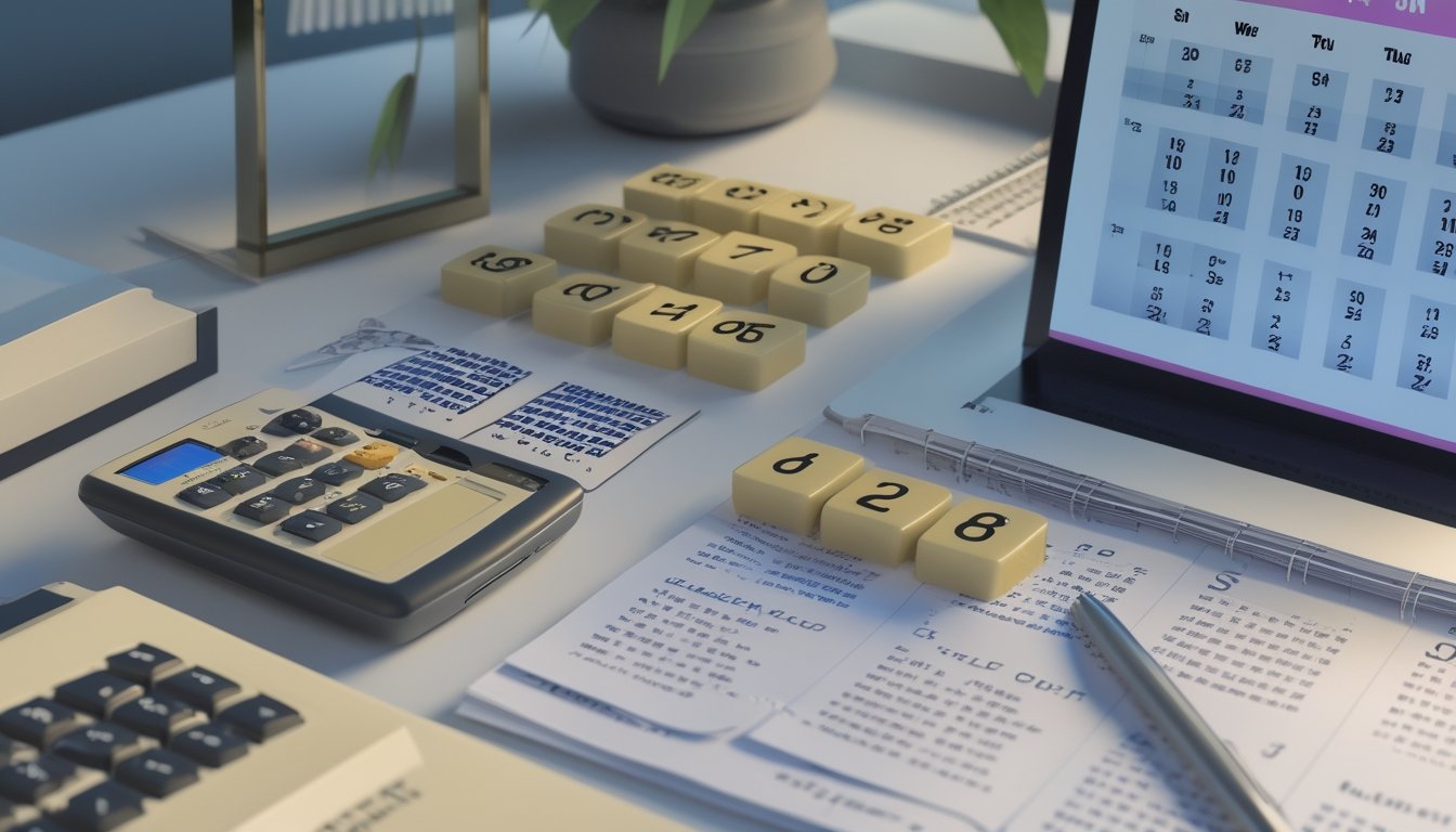 Meja kerja dengan kalkulator, kalender mingguan, token angka yang disamarkan, dan laptop berisi grafik analisis.