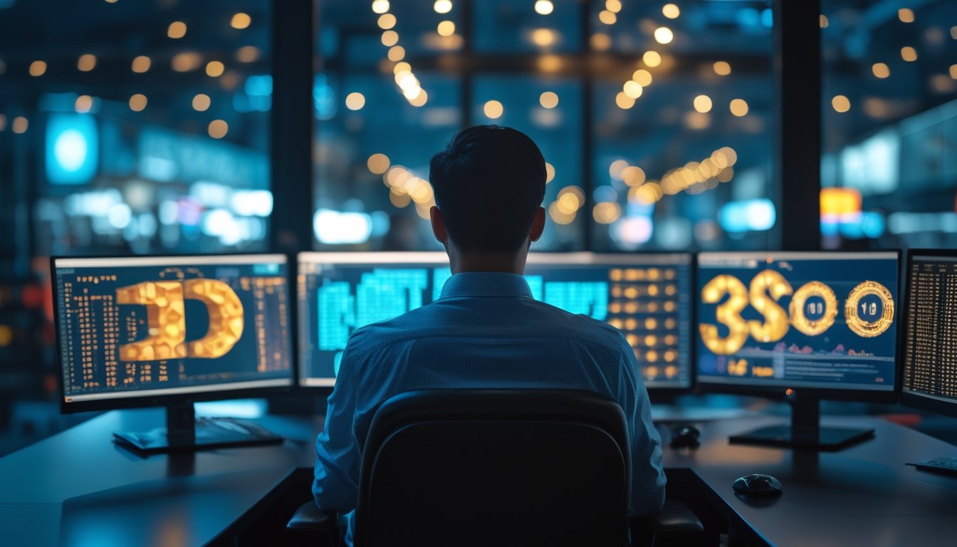 Seorang analis mengamati visualisasi data abstrak di ruang kerja modern pada malam hari dengan cahaya kota di luar jendela.