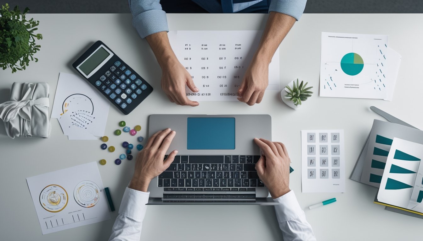 Seseorang menganalisis pola angka dan variasi data di meja kerja dengan kalkulator, laptop, dan lembar catatan.