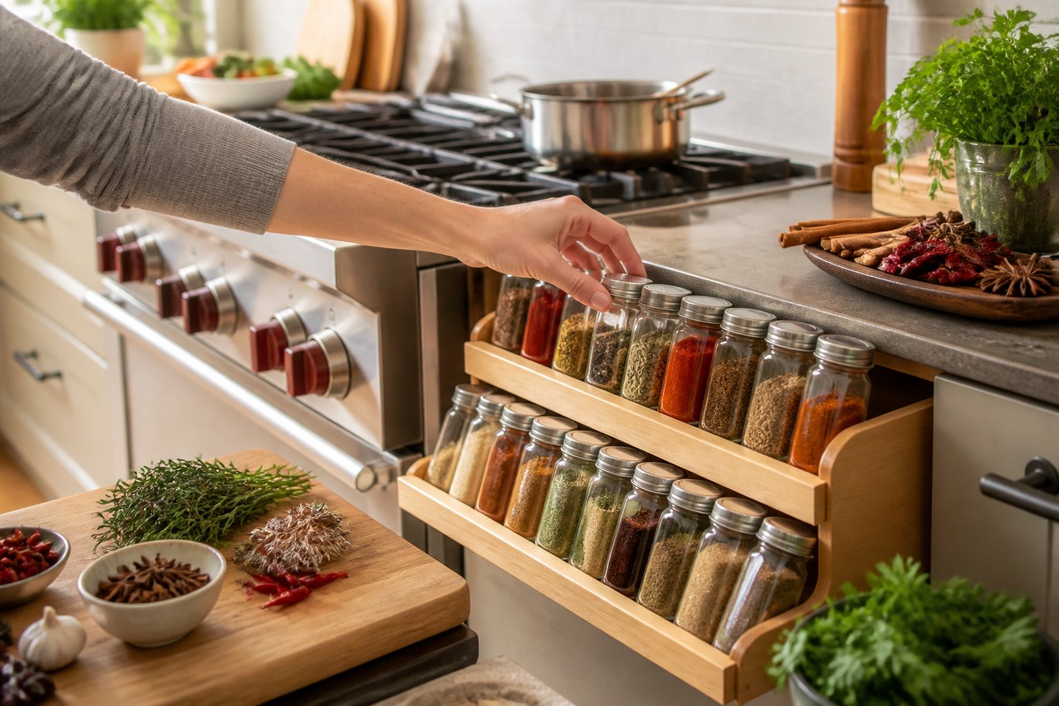 A cook reaches for a neatly organized spice rack beside a stovetop in a modern kitchen.