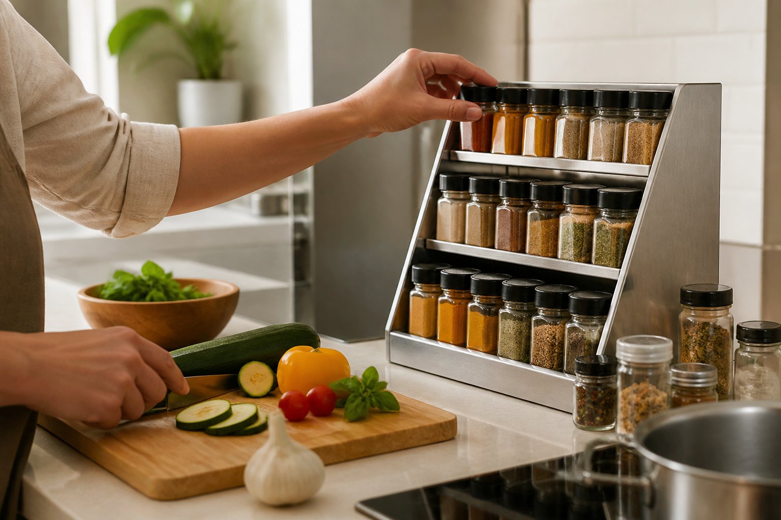 A cook reaches for a neatly organized spice jar beside a cutting board in a modern kitchen.