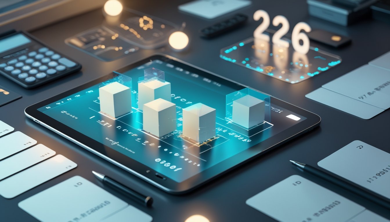 Meja kerja modern dengan objek angka tiga dimensi abstrak, tablet berisi visualisasi data, kalender transparan, kalkulator, dan kartu prediksi kosong.