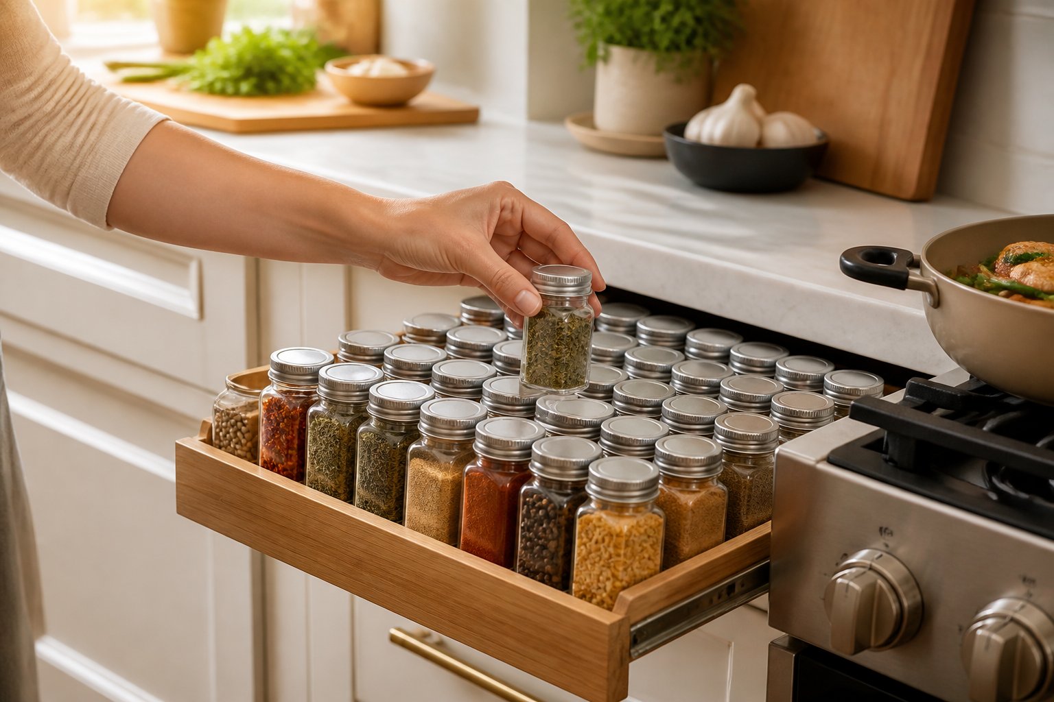 A hand reaches for a spice jar in an organized kitchen storage drawer.