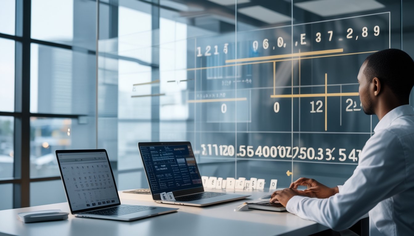 Seorang analis mempelajari kombinasi angka, grafik probabilitas, dan data acak di ruang kerja modern.
