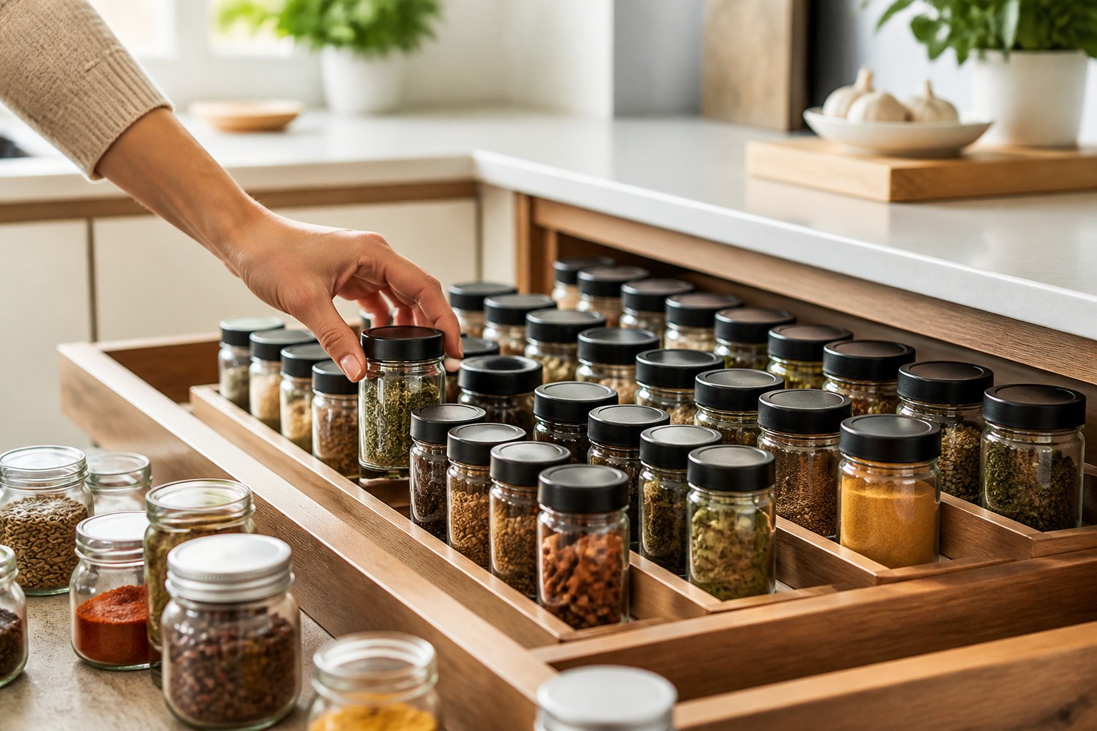 A hand reaches for a spice jar from neatly grouped rows in an organized kitchen drawer.