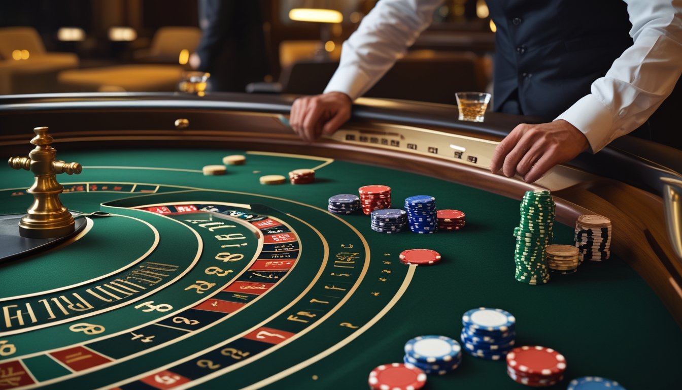 Meja roulette Prancis dengan roda roulette dan keping taruhan yang tersusun rapi di kasino elegan.