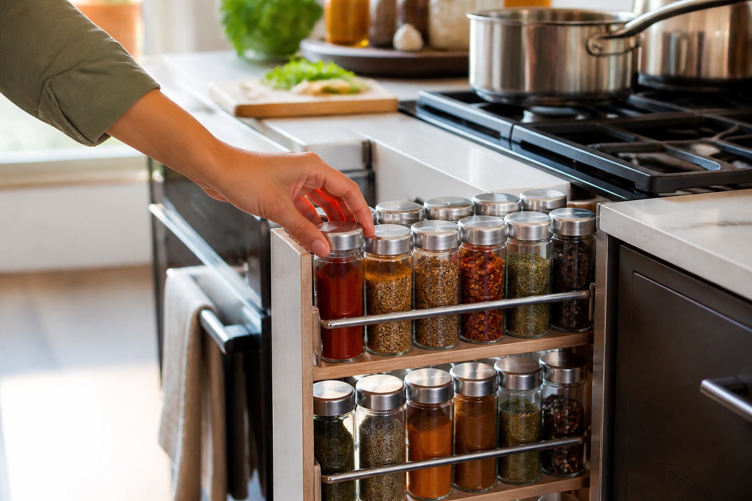 A cook reaches for a neatly arranged row of spice jars in a compact kitchen storage rack.