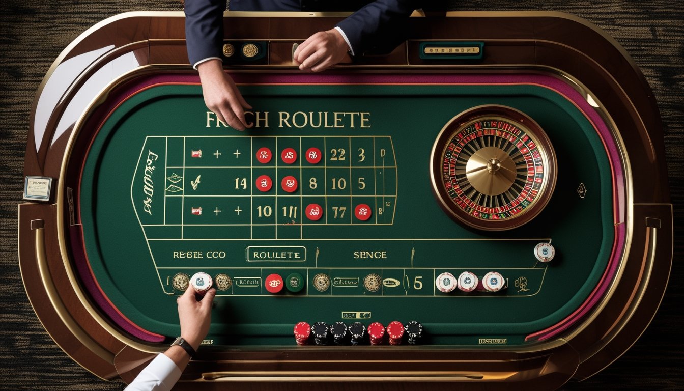 Meja French roulette dengan roda roulette, keping taruhan, dan tangan bandar yang menata keping di area taruhan.