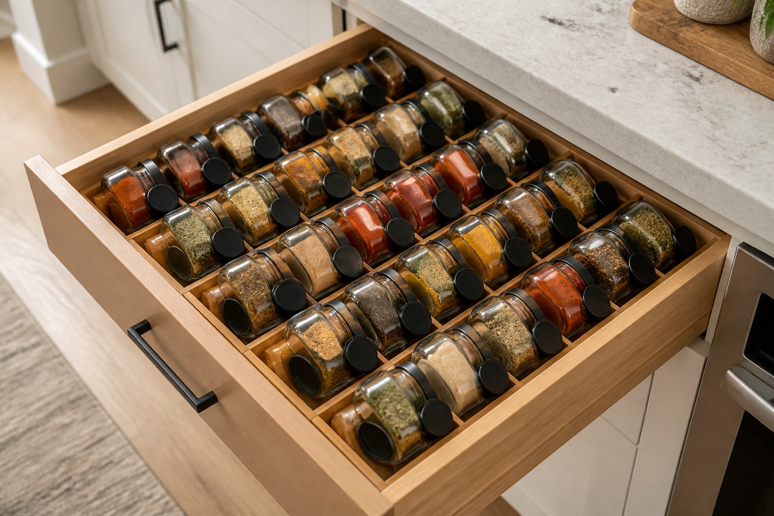 An organized kitchen drawer holds spice jars arranged flat in neat rows for easy access.