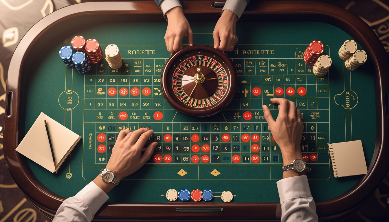 Tata letak meja roulette Prancis dengan roda roulette, keping taruhan, dan tangan yang sedang mempelajarinya.