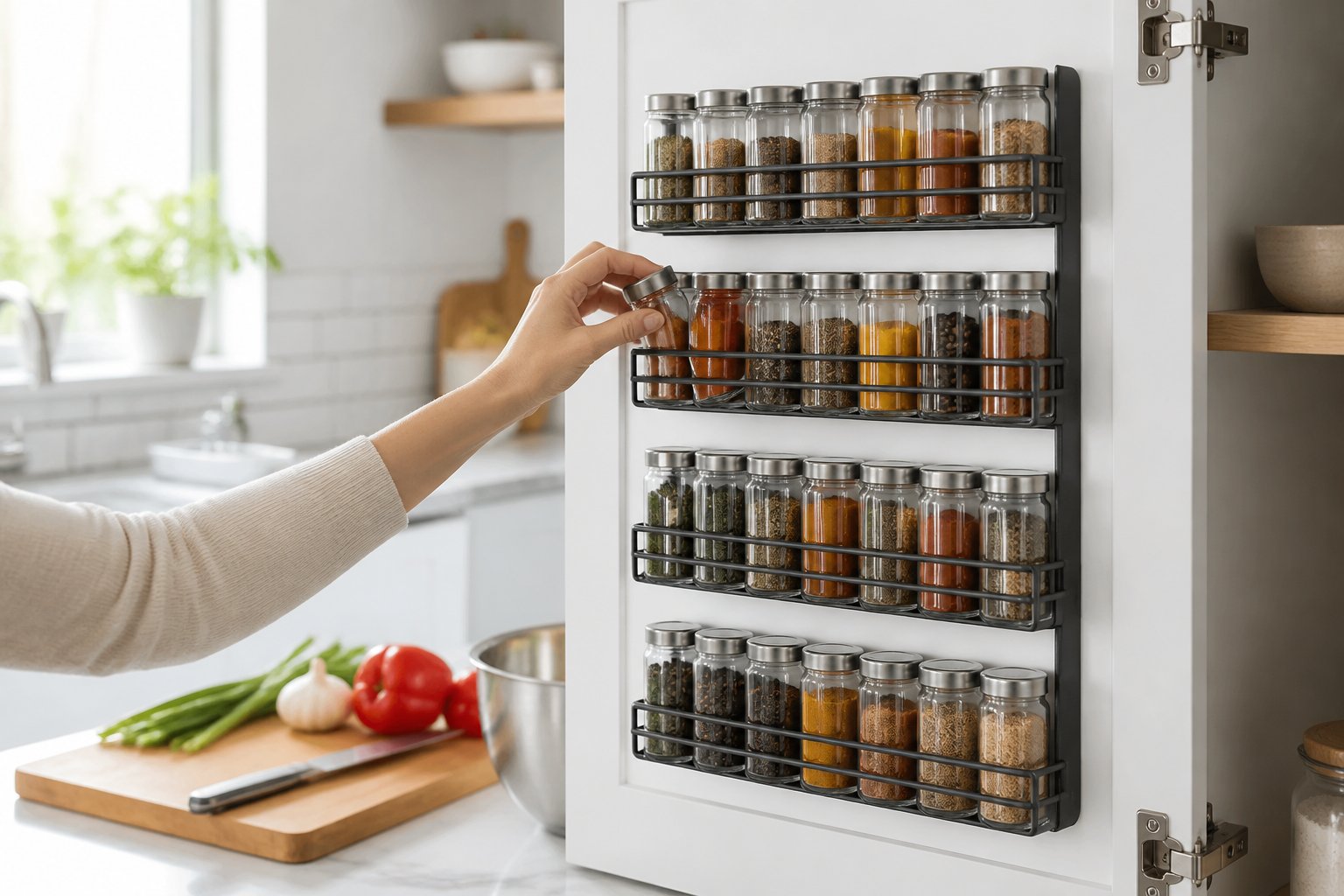 A cook reaches for a spice jar from a wall-mounted rack in a tidy kitchen.