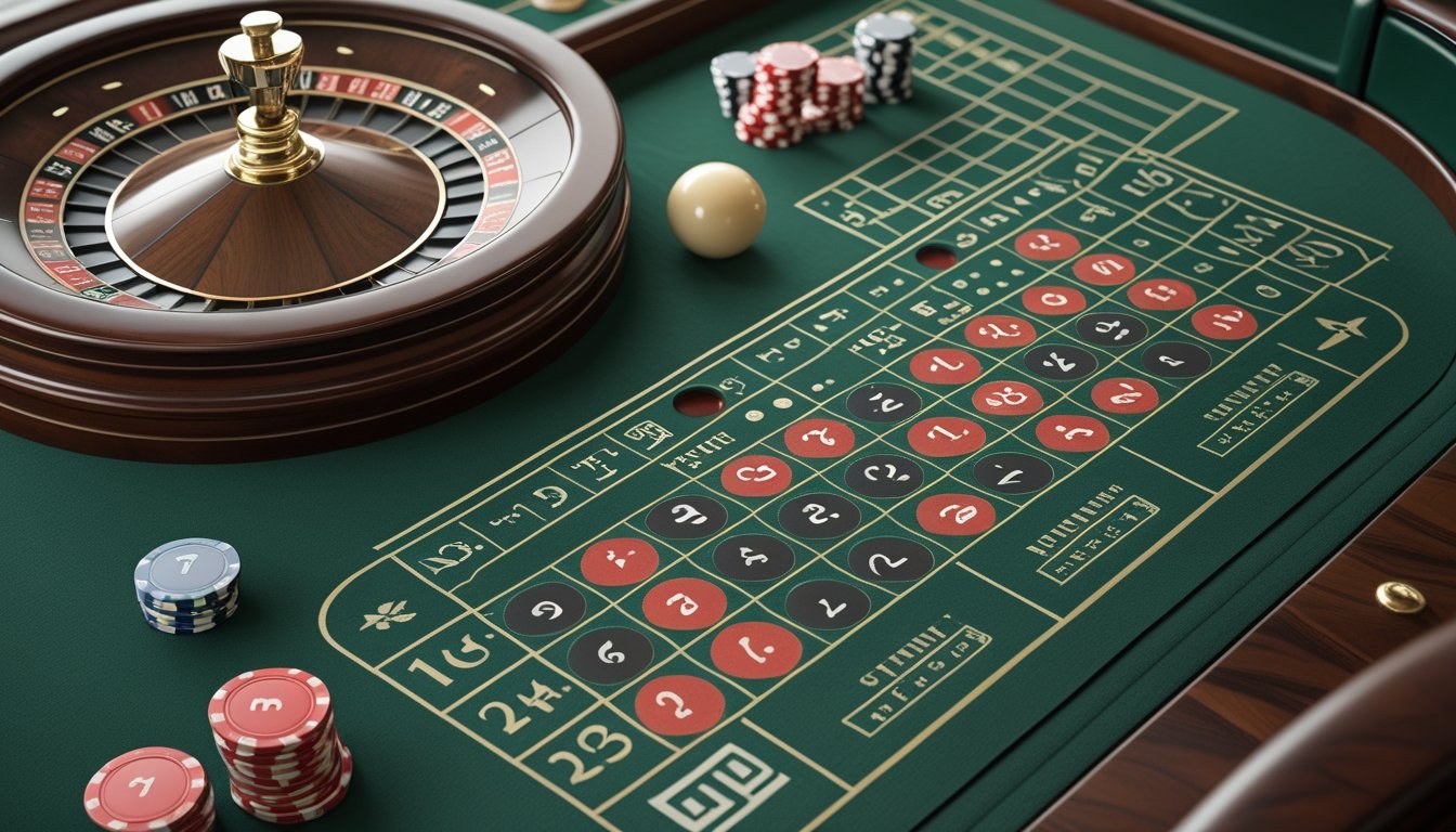 Tata letak meja French roulette terlihat dari atas dengan roda roulette, area taruhan, dan beberapa keping kasino.