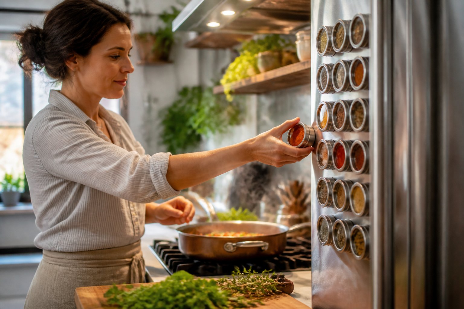 A cook reaches for a magnetic spice container on a compact kitchen rack while preparing food.
