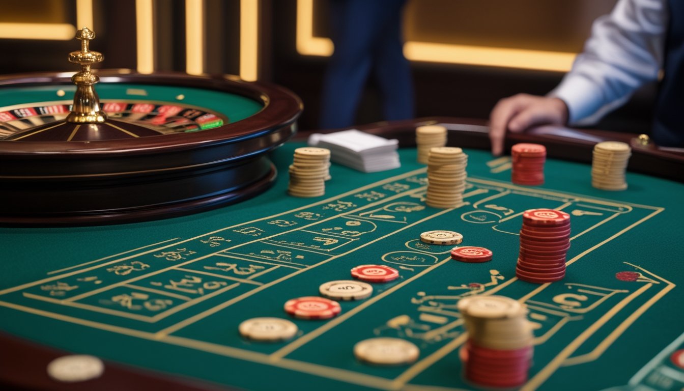 Pemain dan bandar berada di meja roulette Prancis dengan keping taruhan tersusun di beberapa area taruhan.