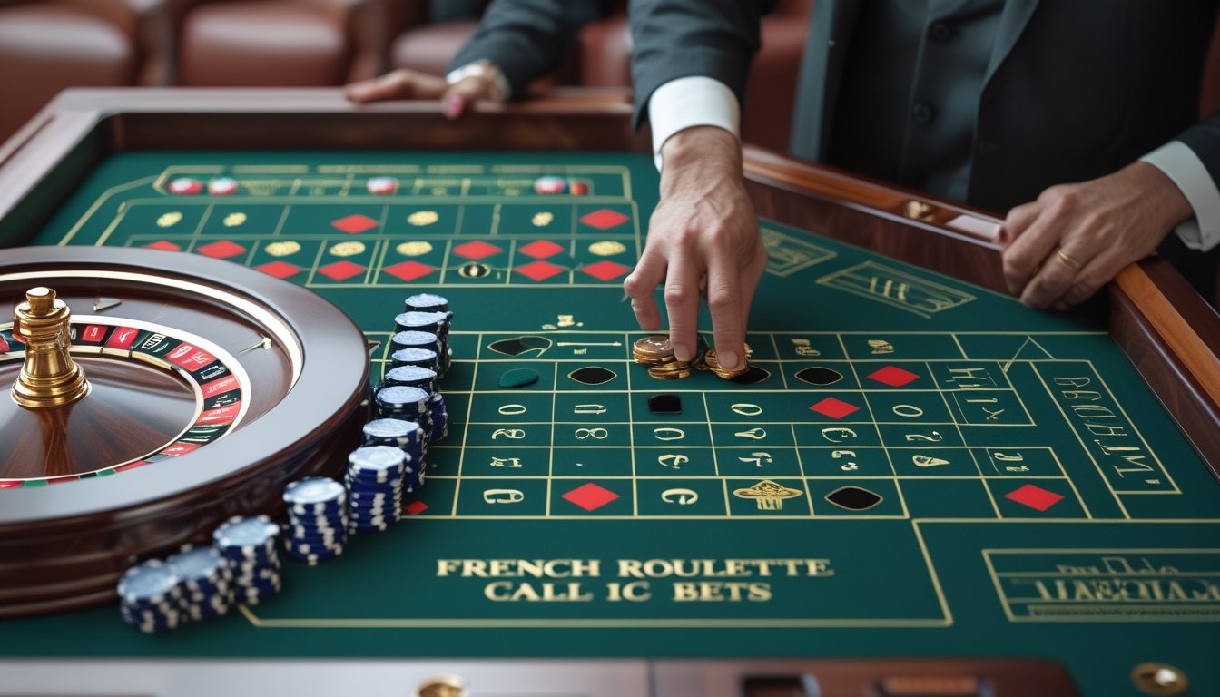 Pemain menempatkan keping taruhan pada meja roulette Prancis dengan croupier di sampingnya.