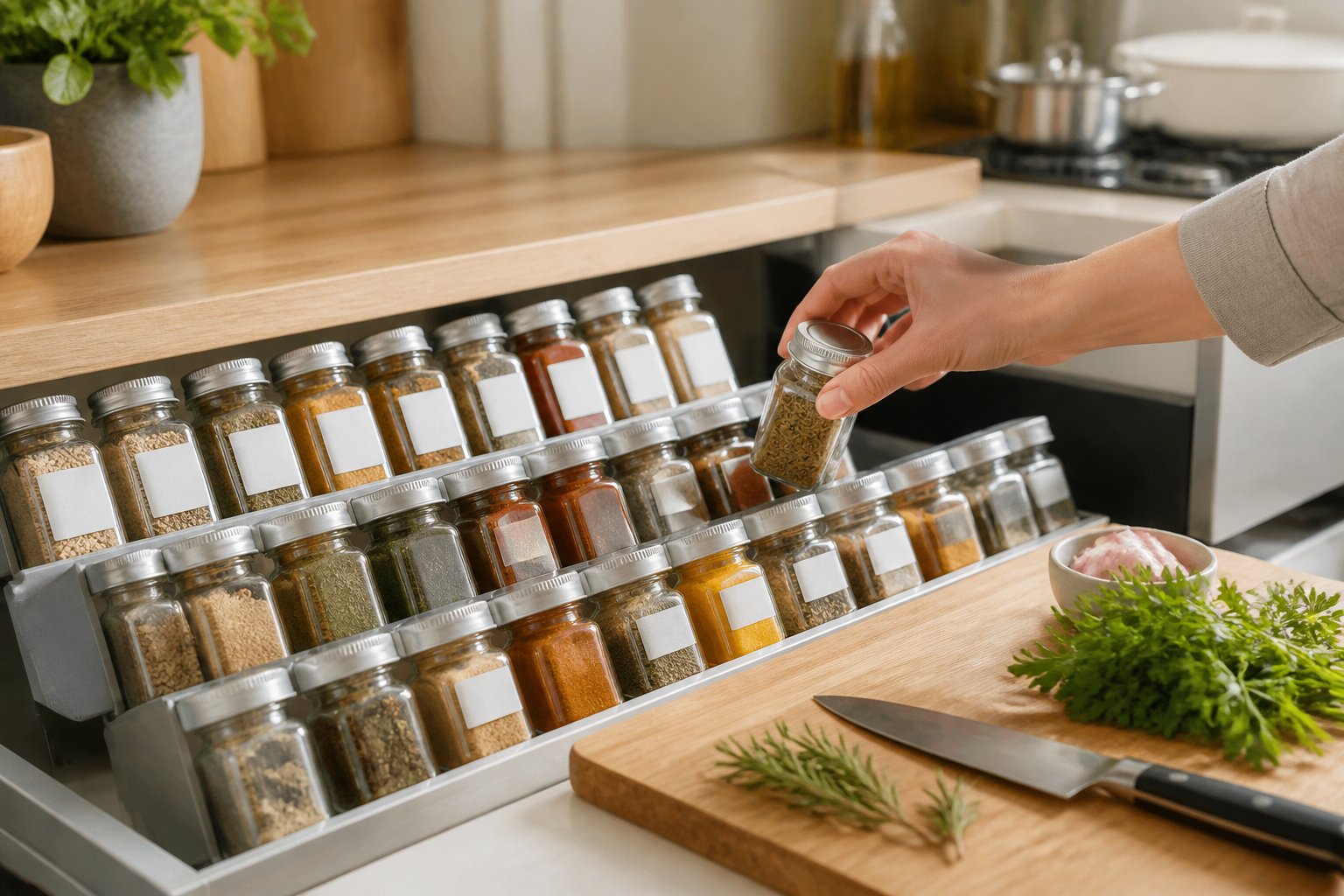A hand reaches for an organized spice jar in a neatly arranged kitchen storage system.