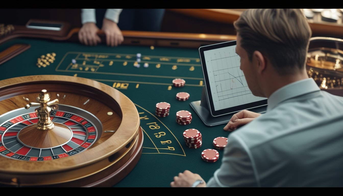 Seorang analis mengamati roda roulette Prancis dan susunan keping kasino di meja hijau.