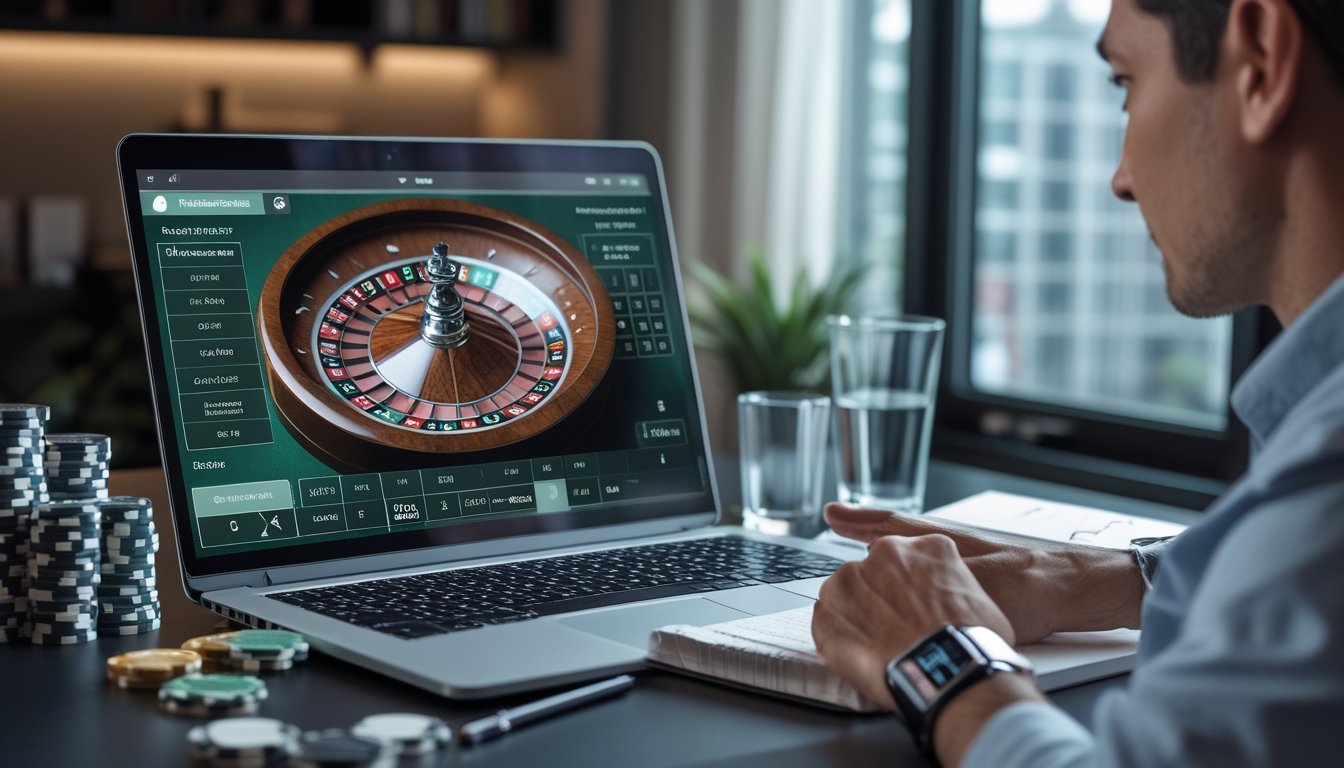 Seseorang mengelola taruhan roulette online di meja kerja dengan tumpukan chip, kalkulator, catatan kosong, dan jam tangan.