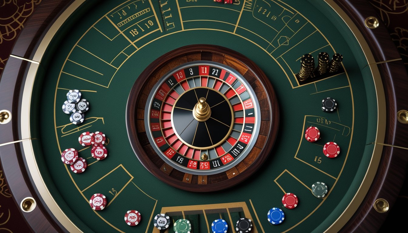Meja roulette Prancis dengan bola dan keping taruhan yang tersusun pada beberapa area taruhan.