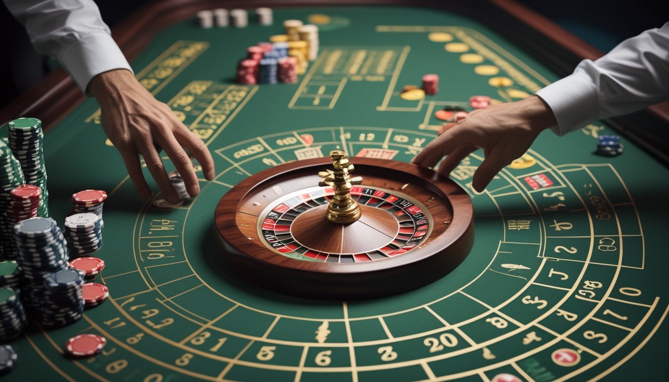 Meja French roulette dengan roda roulette, keping taruhan, dan tangan dealer yang menempatkan taruhan di beberapa area.