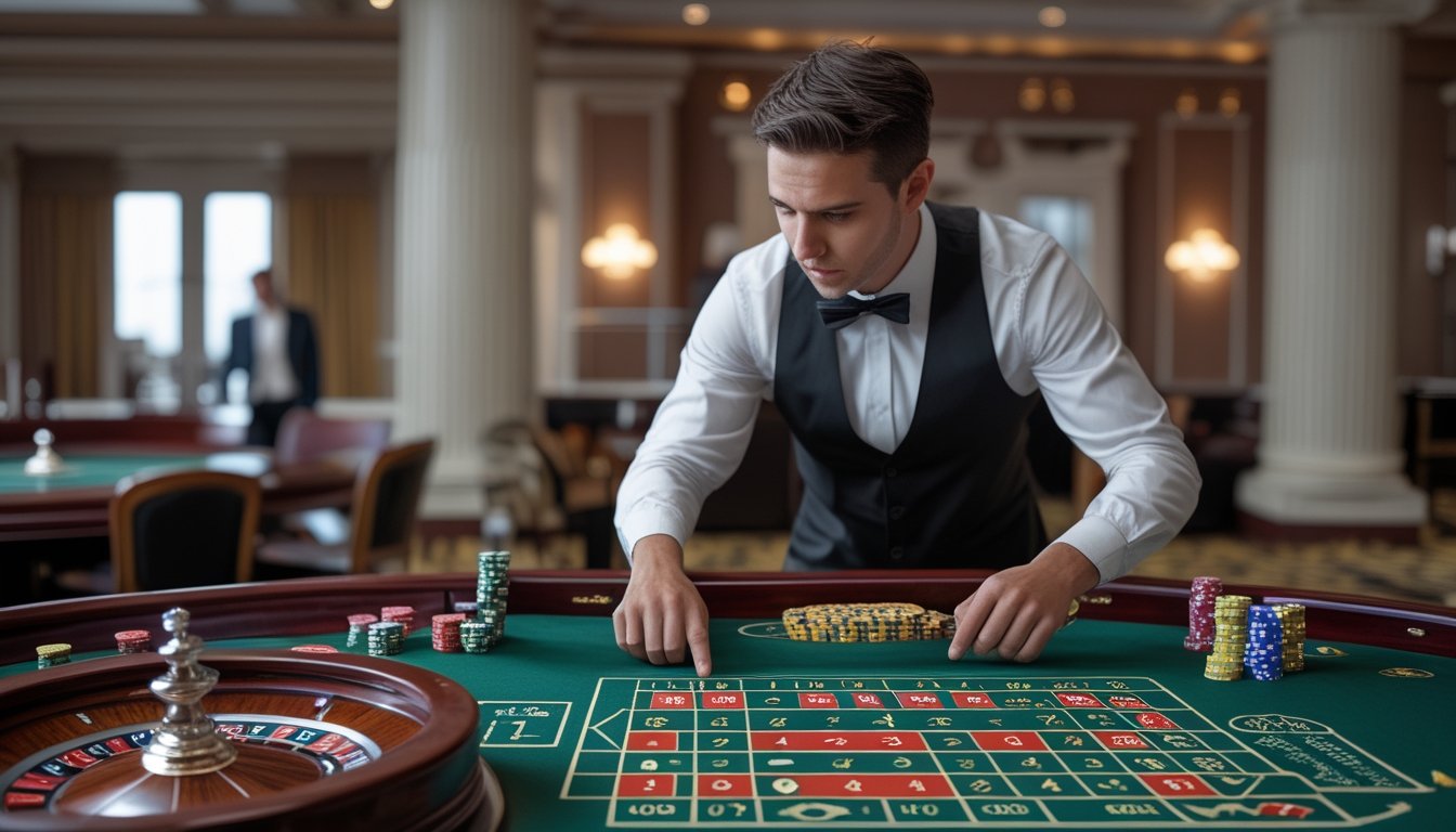 Pemula mempelajari aturan meja dan nilai taruhan French roulette dengan bimbingan croupier.