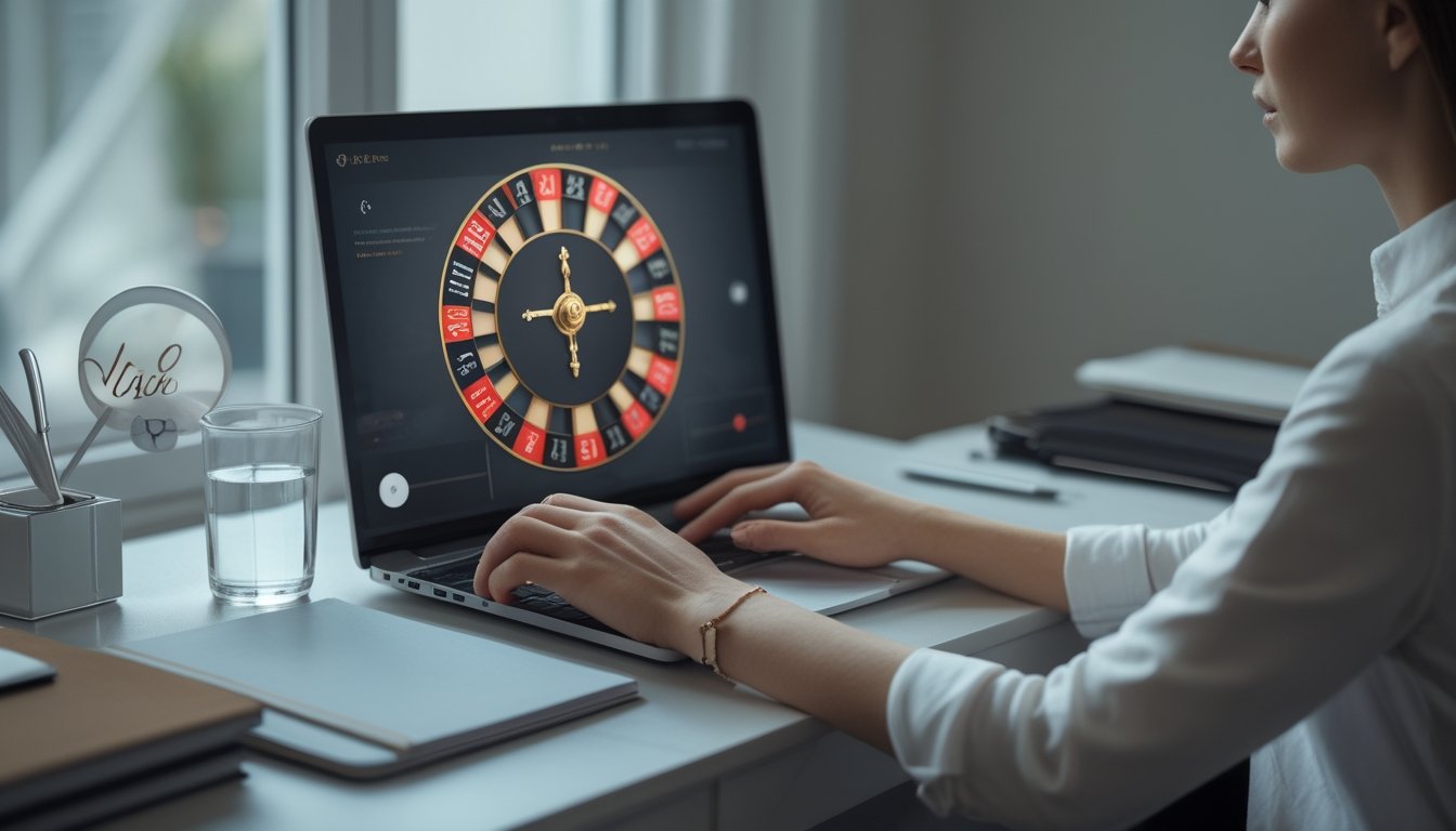 Seseorang duduk tenang di depan laptop dengan roda roulette dan jam di atas meja.