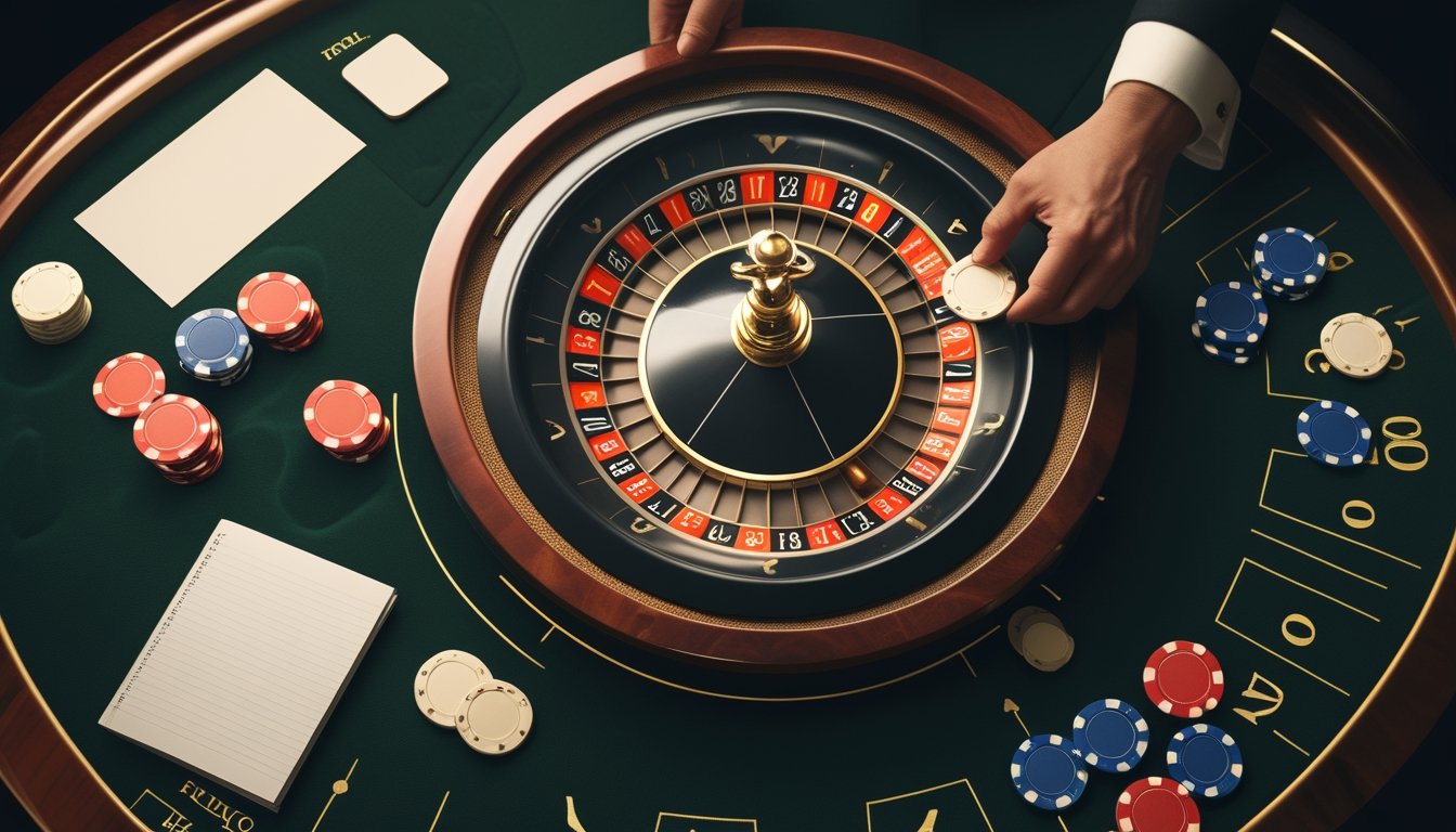 Roda roulette Prancis dengan bola, keping taruhan, dan area meja yang menampilkan perbandingan angka yang sering dan jarang muncul.