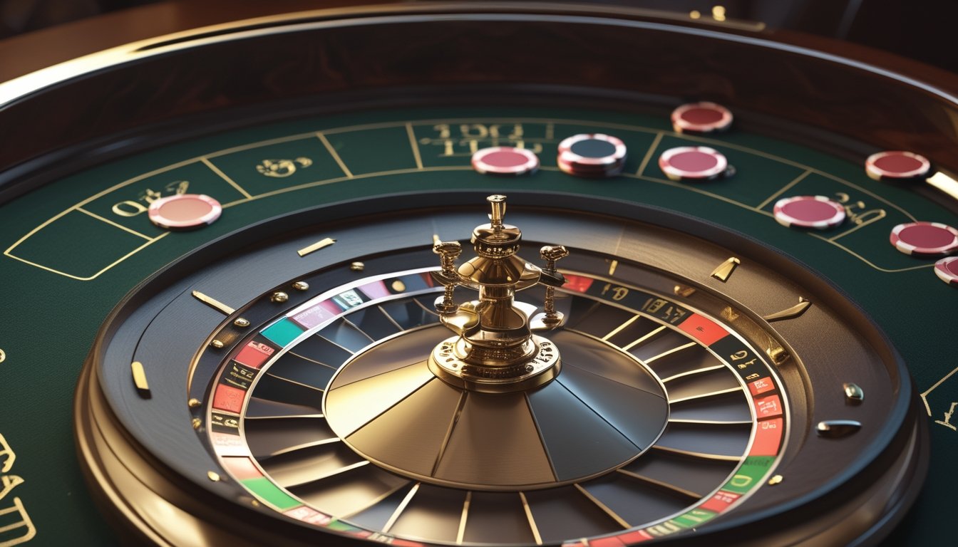 Roda roulette Prancis dengan bola dan keping taruhan yang dikelompokkan di atas meja hijau.