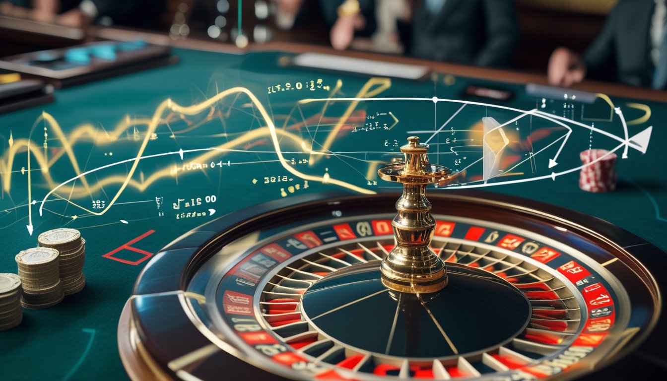 Meja roulette Prancis dengan roda roulette, bola, keping taruhan, dan visualisasi abstrak analisis probabilitas.