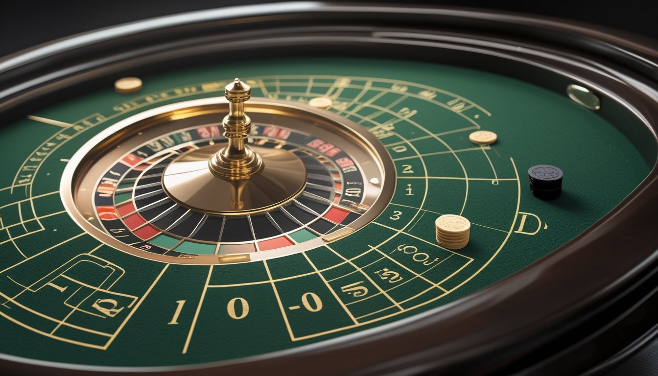 Meja roulette Prancis dengan roda roulette, keping taruhan, dan elemen visual abstrak yang menggambarkan analisis probabilitas.