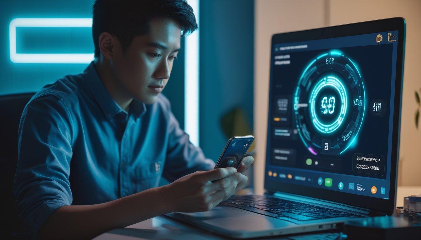 Orang dewasa menggunakan ponsel dan laptop dalam suasana ruang kerja modern dengan tampilan pembayaran digital abstrak.