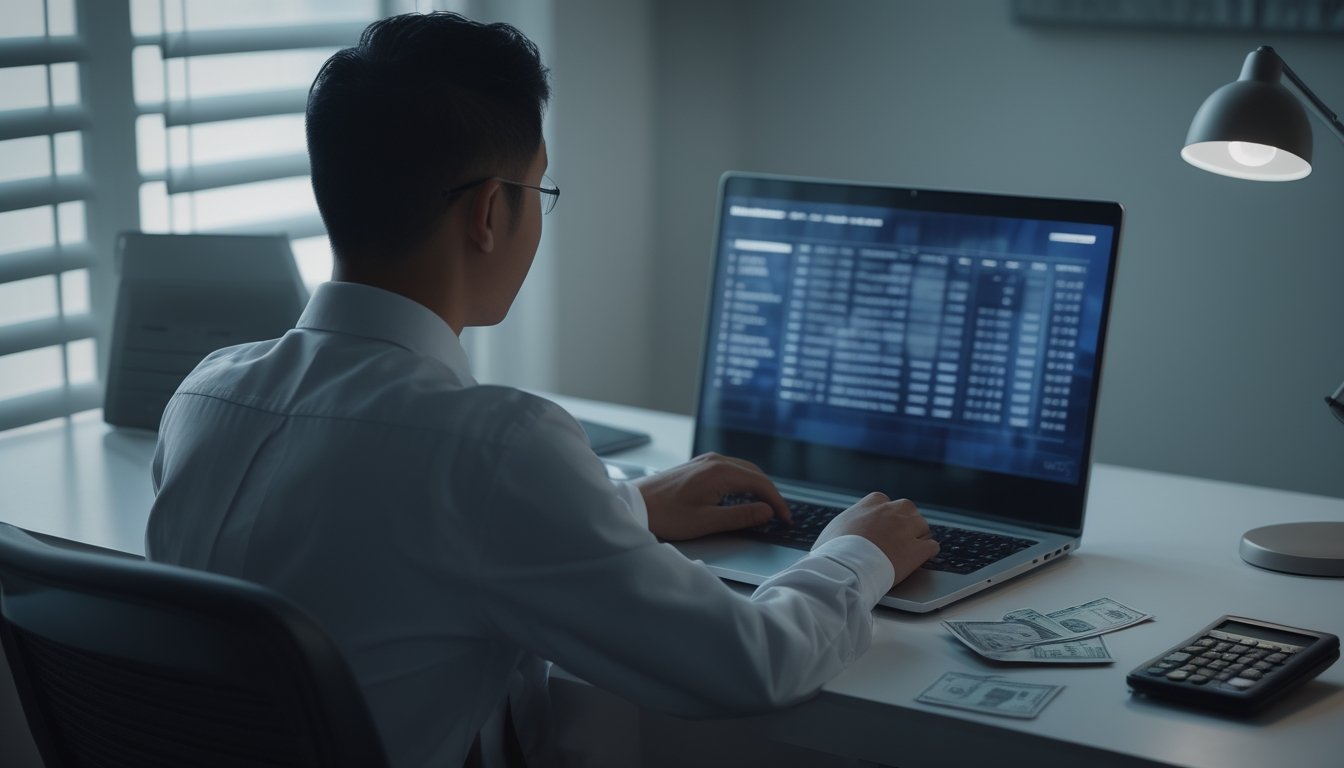 Seseorang tampak cemas melihat laptop dengan tampilan perjudian daring yang buram di samping tagihan dan dompet.