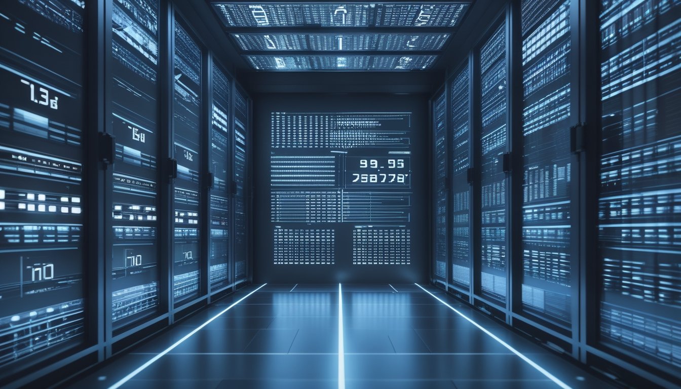Ruang server modern dengan cahaya biru dan visualisasi data digital abstrak.
