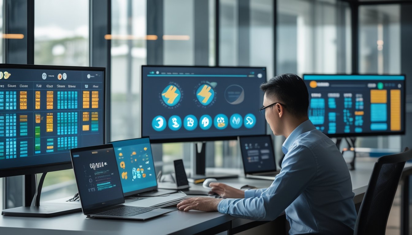 Seorang profesional membandingkan beberapa antarmuka digital pada monitor dan ponsel di ruang kerja modern.
