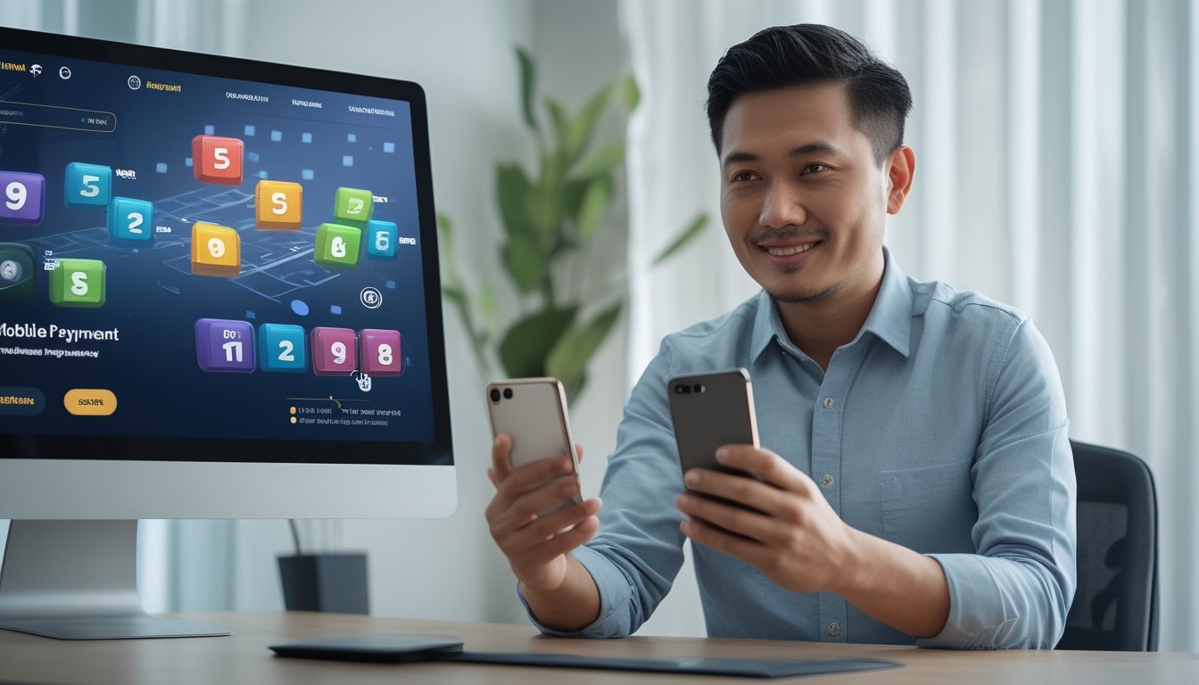 Seseorang menggunakan ponsel untuk layanan pembayaran digital dengan tampilan angka abstrak.
