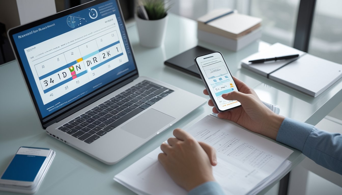 Meja kerja modern dengan laptop, ponsel, kalkulator, dan lembar catatan kosong yang menggambarkan analisis angka dan pembayaran digital.