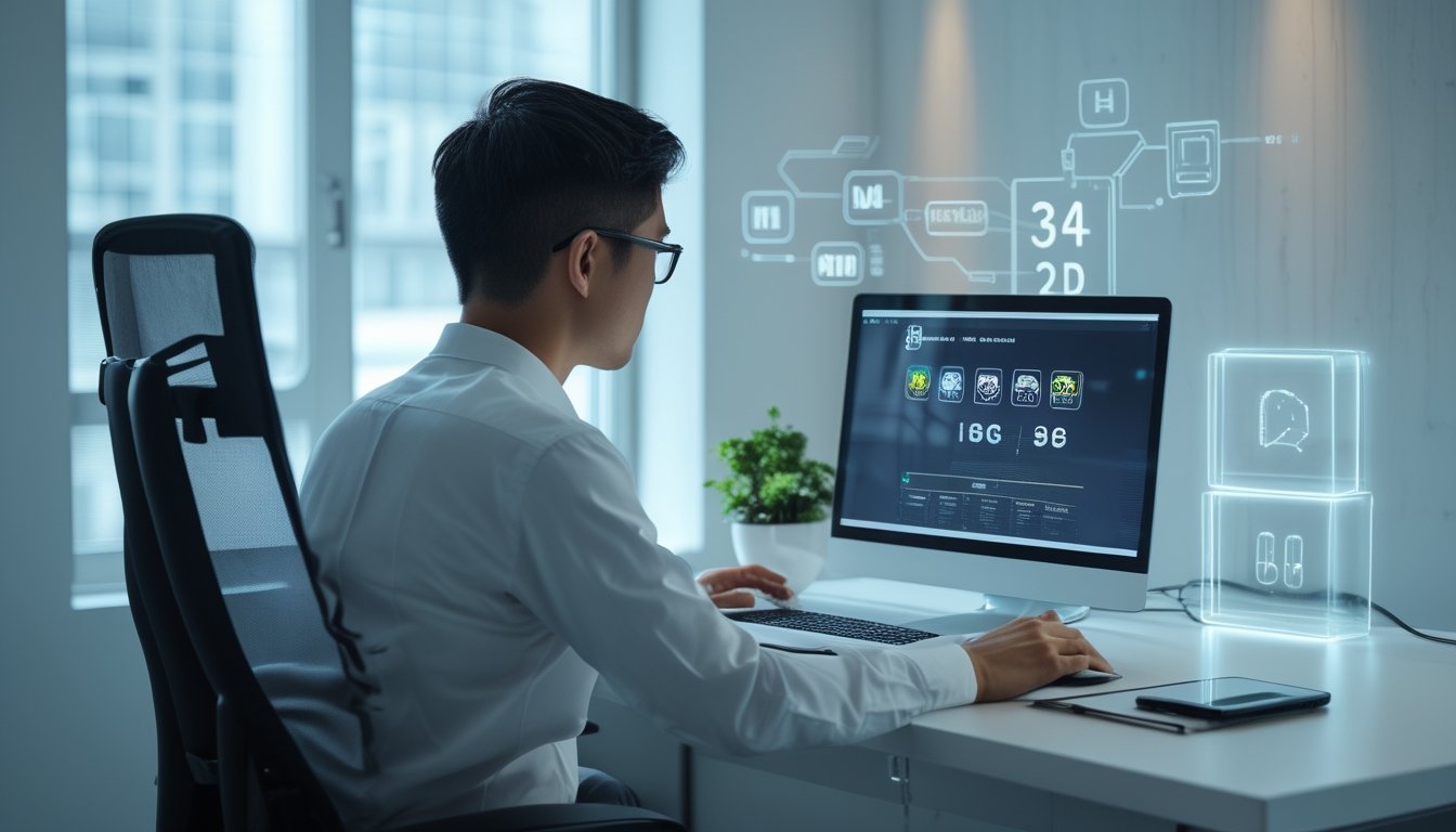 Seseorang menggunakan laptop di ruang kerja modern dengan tampilan antarmuka permainan digital abstrak dan elemen jaringan bercahaya.
