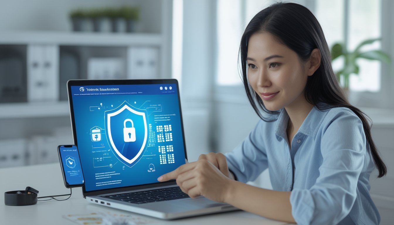 Seseorang memeriksa keamanan akses digital melalui laptop dan ponsel di ruang kerja.
