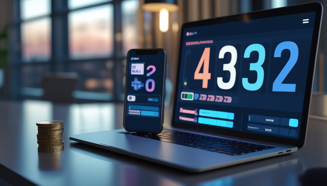 Laptop dan ponsel menampilkan antarmuka angka abstrak di atas meja kerja modern dengan pencahayaan biru dan emas.